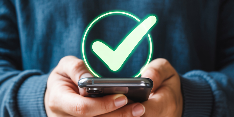 man holding cell phone with checkmark