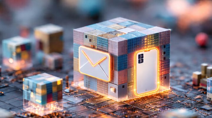 cube with email envelope and cell phone