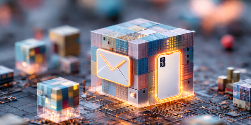 cube with email envelope and cell phone