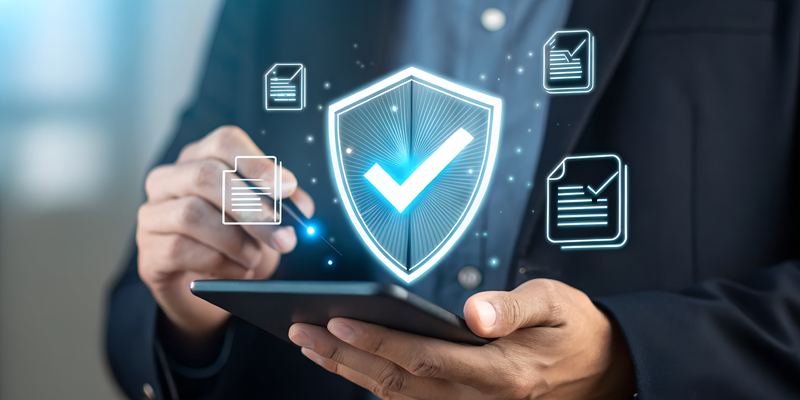 business man holding cell phone with compliant check mark